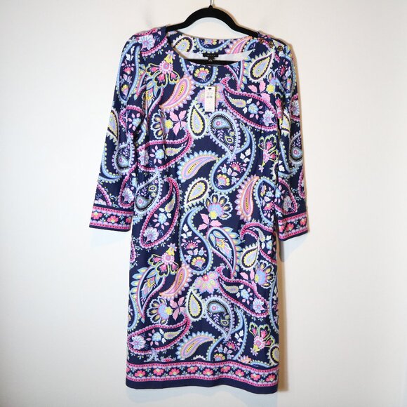 Talbots Effortless Jersey Shift Dress Blossom Paisley Medium Blue Stretch Preppy - Picture 1 of 6